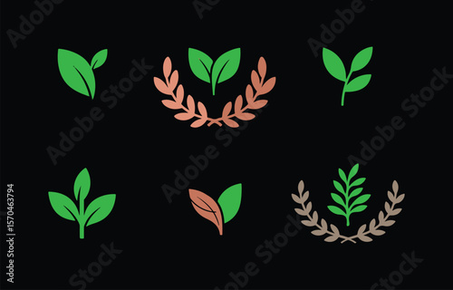 Green and terracotta leaf icons:  organic, nature, growth, spring, eco-friendly design elements.