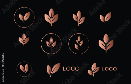Rose Gold Botanical Leaf Logo Design Elements: Elegant, Minimalist, Branding Set