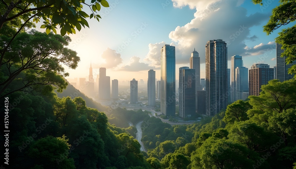 Obraz premium A scenic view of a city skyline surrounded by dense greenery during sunset