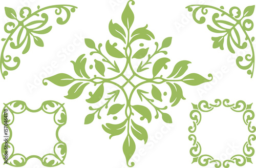 Elegant Green Floral Corner and Frame Design Elements: Vintage Style