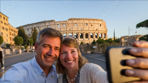 Selfie at the Colosseum: A happy couple captures a cherished moment, smiling brightly as they take a selfie against the backdrop of the iconic Colosseum, creating a perfect travel memory.
