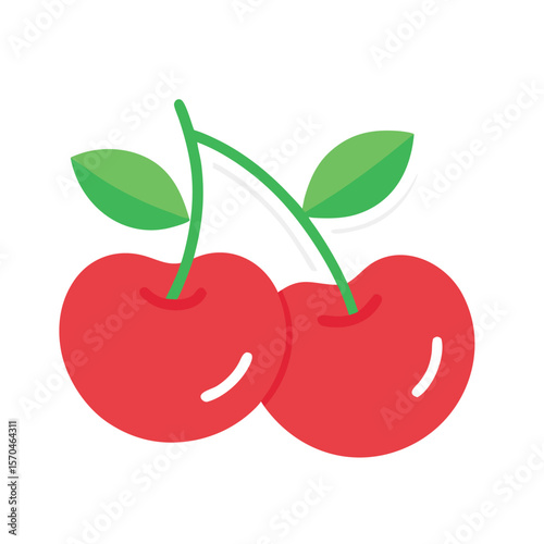 Red cherries with green stems and leaves vector