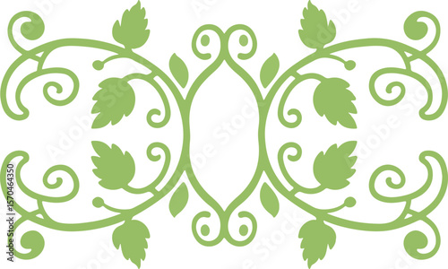 Elegant Green Floral Vine Design Element;  Ornate, Symmetrical, Nature-Inspired Illustration.