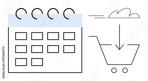Calendar with spiral binding and shopping cart receiving items from a cloud emphasize e-commerce logistics. Ideal for scheduling, e-commerce, delivery, planning, retail, cloud computing, innovative
