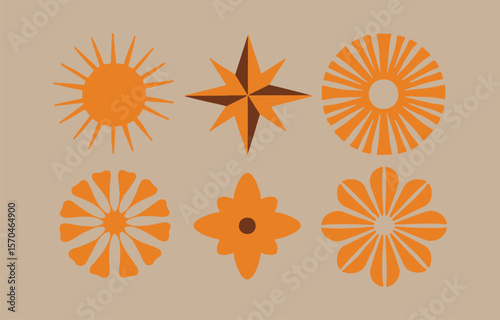 Mid-century modern orange floral and sunburst design elements on beige background.