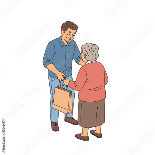 A young man assisting elderly woman with groceries, fostering intergenerational connection. Ideal for social programs, healthcare services, and community outreach campaigns.