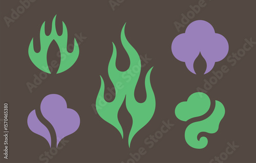 Abstract graphic design elements featuring stylized flames and organic shapes in green and purple