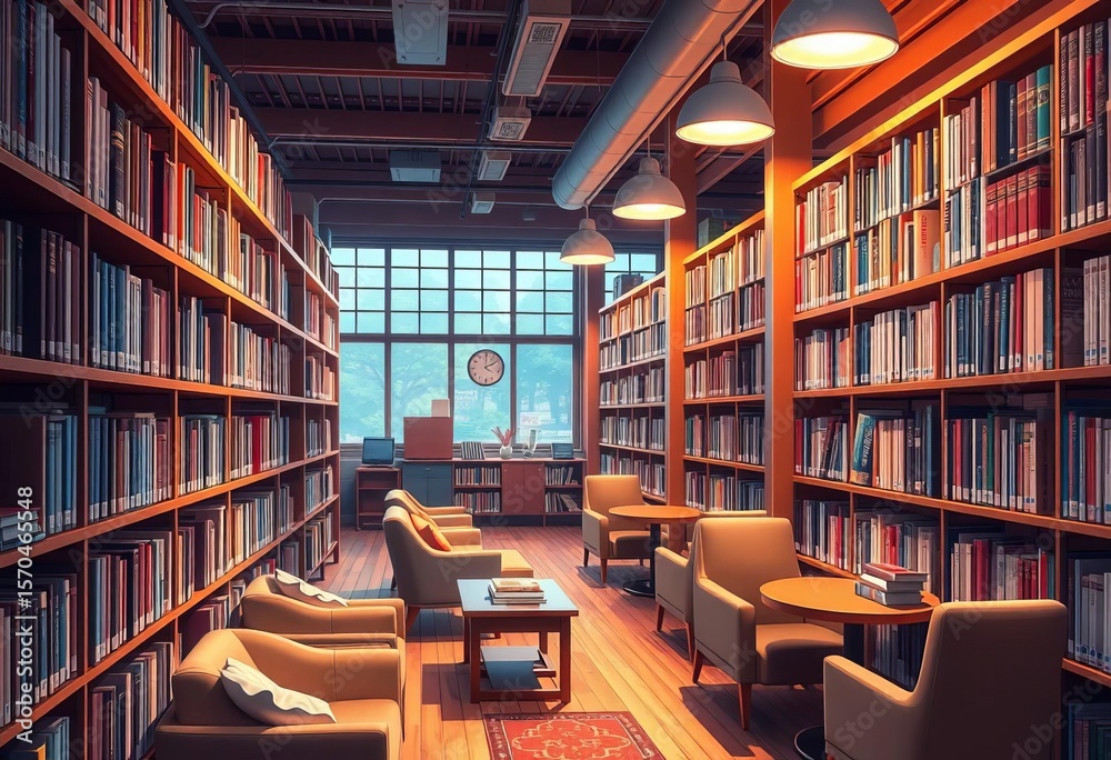 Cozy anime school library, warm lighting, bookshelves overflowing with books, comfy reading nooks, bright, sweet Cozy anime school library, warm lighting, bookshelves overflowing with books, comfy reading nooks, bright, sweet