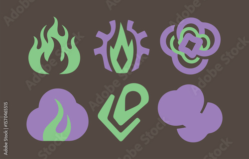 Abstract graphic symbols in green and purple on a dark brown background