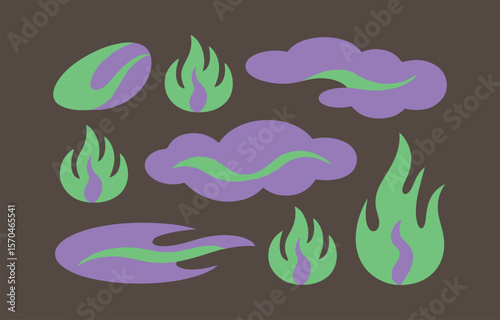 Abstract graphic design with stylized flames and clouds in purple and green
