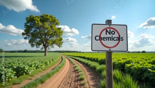 A no chemicals sign on a dirt road in the middle of a green field with a lone tree in the background