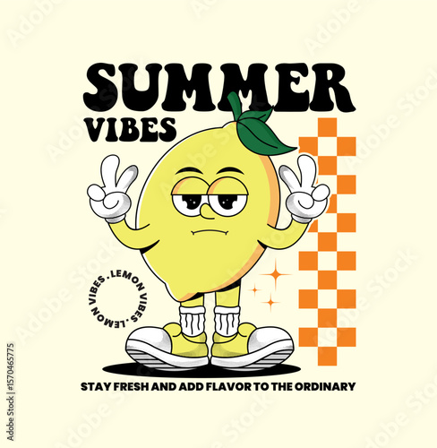 Retro cartoon illustration of a lemon character featuring checkerboard design elements. Perfect for t-shirt design, apparel, streetwear, stickers, posters, and more