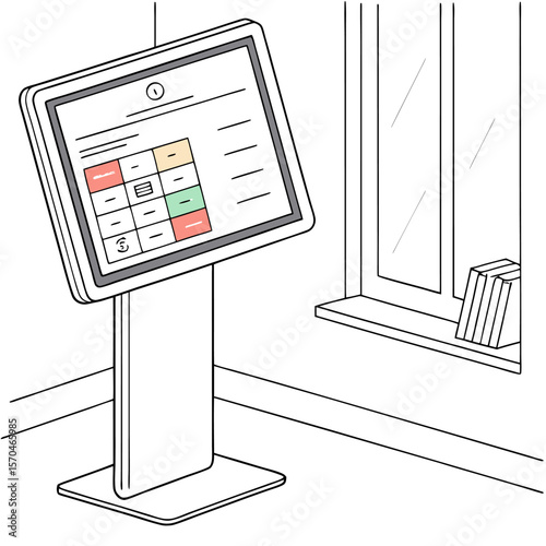 A digital information kiosk with a screen displaying a grid interface near a window with books on sill