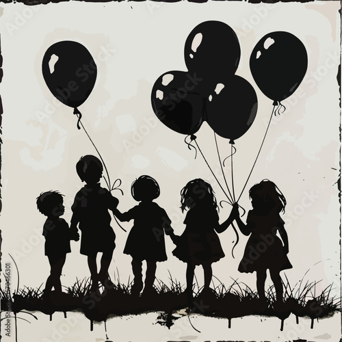 Silhouette of Children holding black balloons
