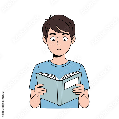 Boy Reading with Focused Expression, Educational Illustration