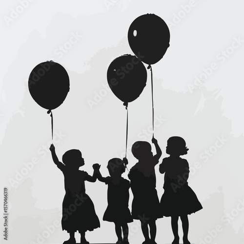 Silhouette of Children holding black balloons