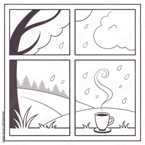 Four pane window view showing rain, tree, cloud, forest, and a cup of coffee with steam rising up