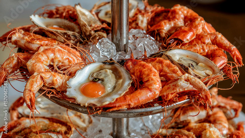 Elegant seafood tower with shrimp oysters and crab legs