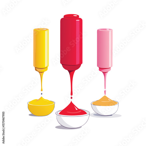 Yellow red pink sauce bottles pouring condiments into bowls dripping
