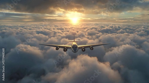 Airplane soars over a sea of clouds bathed in the warm glow of the setting sun