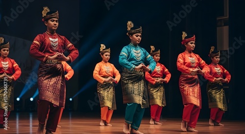 A troupe of female dancers in vibrant traditional Malaysian costumes perform a graceful, synchronized dance on a stage.