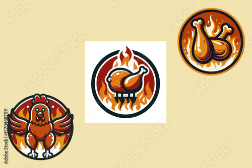 This is a logo illustration of chicken thigh meat pieces and fire, suitable for use in food company logo designs, fried chicken, grilled chicken, geprek chicken, spicy chicken, farms, t-shirts, neon 