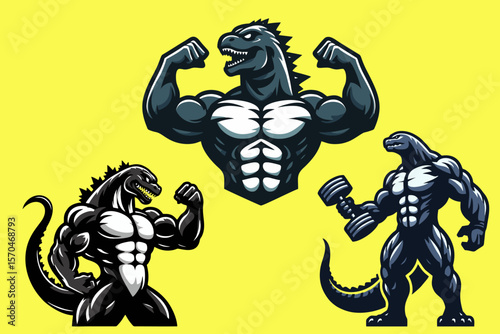 This is a muscular Godzilla vector image, suitable for use as a gym company mascot logo design, sports equipment, gaming, stickers, t-shirts, posters, banners, fitness centers, sports centers, sports 