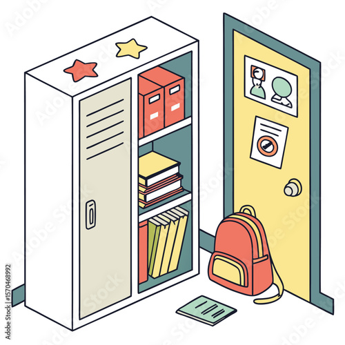 Isometric illustration of a school locker with books folders and a backpack next to a closed door with signs