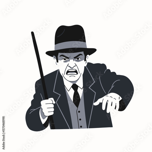 Angry Mobster Illustration: Vintage Gangster with Cane