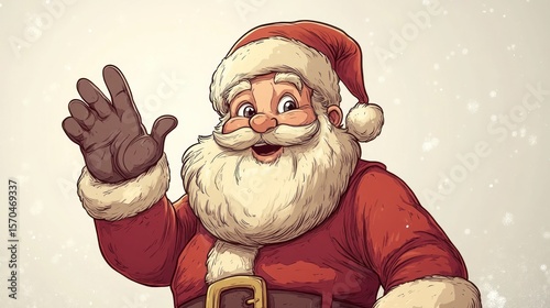 Santa Claus in classic red outfit waving happily against snowy background with space for holiday message, perfect for 2025 Christmas greetings.