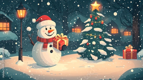 A snowman wearing a knitted scarf and Santa hat holds a present while standing in front of a Christmas tree with snowflakes falling against a night-time town backdrop.
