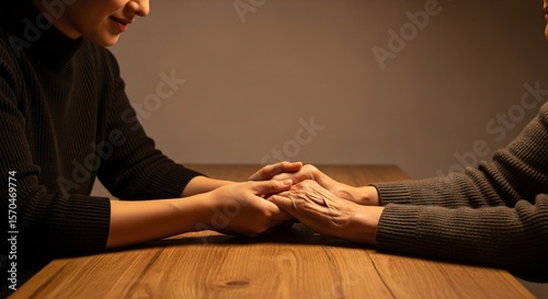An elderly hand is held by a young hand on a wooden table, with soft, warm lighting creating an emotional ambiance