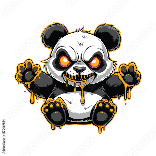 Evil panda dripping honey, creepy cute style with dark cartoon vibe, vector illustration.