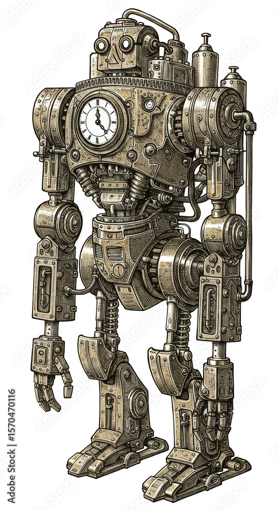 Naklejka premium Clockwork Steampunk Robot Machine Retro Vintage Technology Illustration