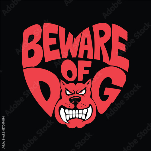 Fierce red dog “Beware of Dog” text, angry cartoon vintage graphic style, vector illustration.