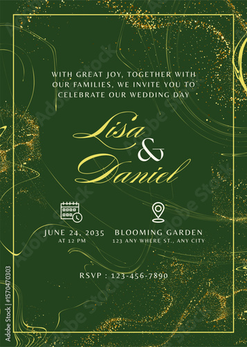 Wedding invitation card template featuring a dark green background and shimmering golden accents. Designed for upscale events and classic celebrations.