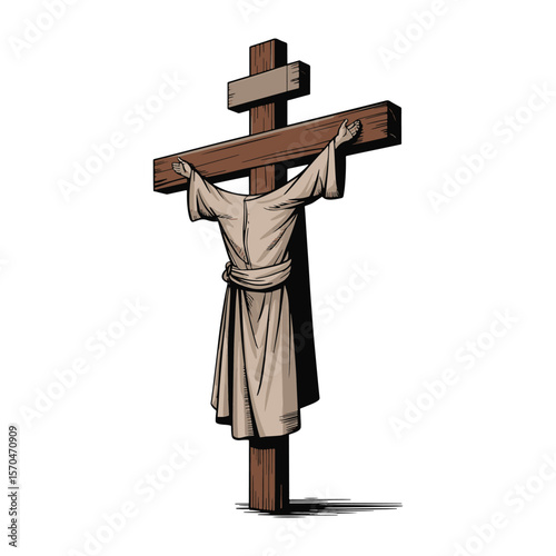 Cross with brown cloth hanging loosely, symbolizing humility and sacrifice. Religious vector design.