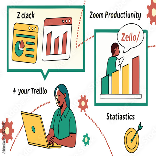 Illustration of a man using a laptop with a board showing tips prockup teelly and zlaco logo
