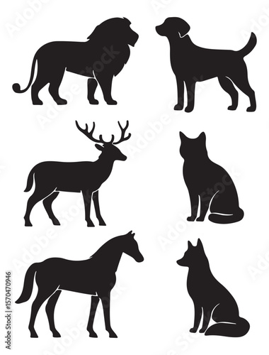 A minimal set of animal silhouettes featuring wild and domestic creatures like lion, deer, dog, horse, fox, and wolf in clean black vector style.
