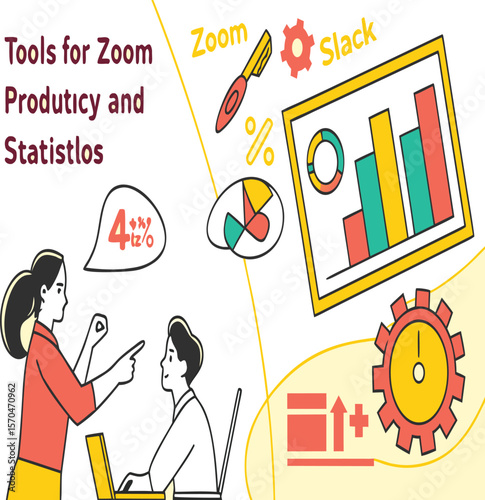 Woman working on laptop with z clack, trello, zoom productivity, statistics and target illustration is shown