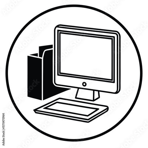 Simple Personal Computer Silhouette in Black and White for Digital or IT Use