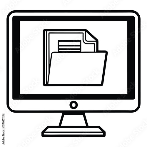Black and White Desktop Computer Icon Silhouette Isolated on White Background