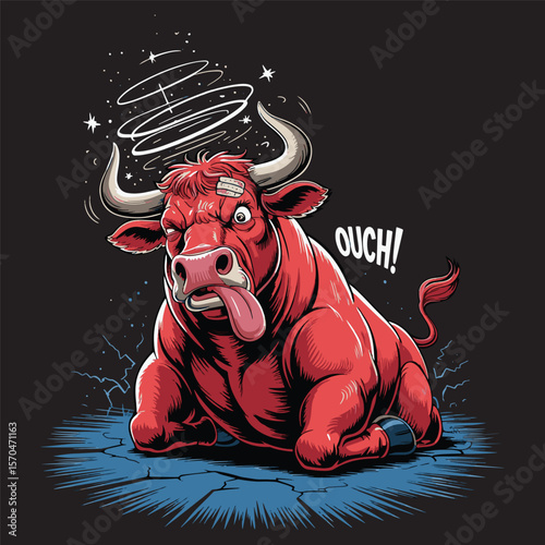 Cartoon angry red bull sitting with a dazed expression, showing frustration or pain. Perfect for sports or strong themes. Vector illustration.
