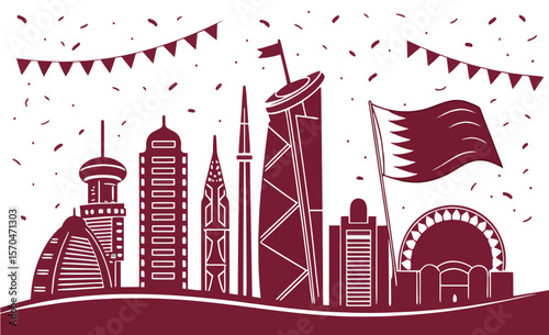Qatar Skyline Celebration: A stylized illustration of the Doha skyline, featuring iconic buildings, a waving Qatari flag, and celebratory confetti.