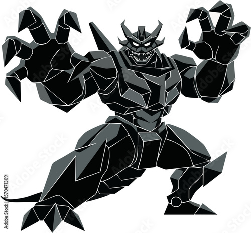 A menacing, dark gray, stylized robot dragon, with sharp claws, in a dynamic stance.