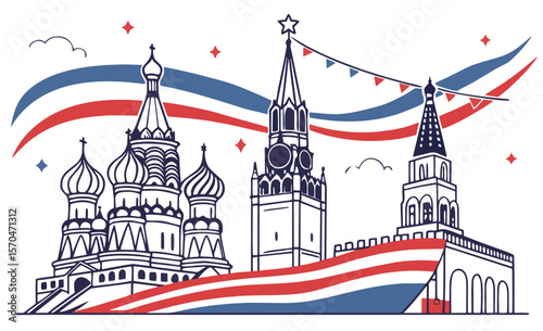 Moscow Marvel: An artistic representation of iconic architectural landmarks of Moscow, Russia, showcasing their grandeur with bold lines and patriotic colors, evokes a sense of national pride.