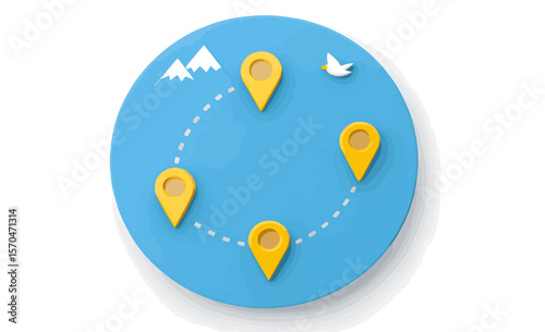 Map Path Connection: A dotted path connects location pins on a map in this illustration, symbolizing a journey towards mountain under a bird flying.
