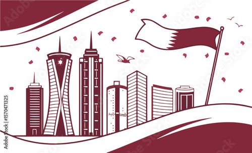 Qatar Skyline and Flag: Vector illustration of Doha city skyline with Qatar flag waving, celebrating national pride and urban development.