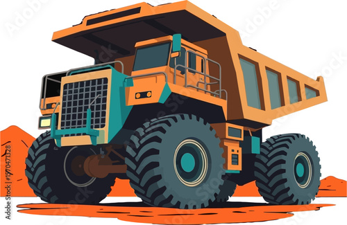Epic scene in modern flat design depicting a grand, futuristic mining truck