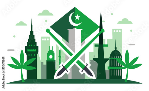 Islamic Skyline: The image showcases the iconic symbols of the Islamic world set against a stylized skyline, highlighting the beauty and depth of islamic culture